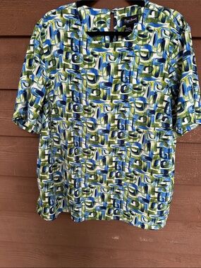Maggie Barnes Blue Green Abstract Print Blouse